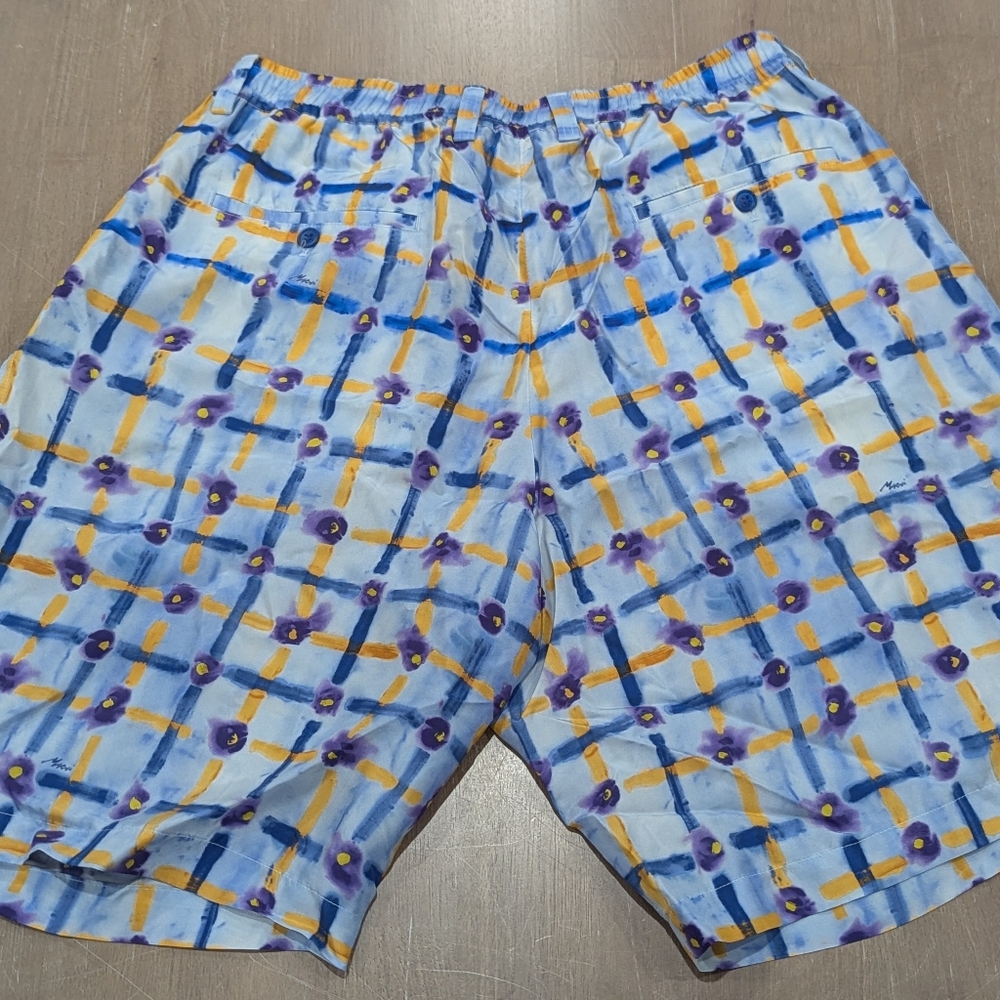 $975 Mens MARNI Paintstroke Floral Silk Shorts Light Blue